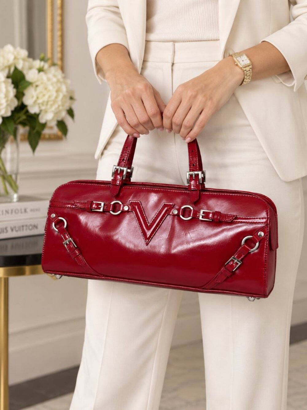 Via Spiga Red Patent Leather Handbag 100% Leather Silver Hardware 13.25x4x6" VG